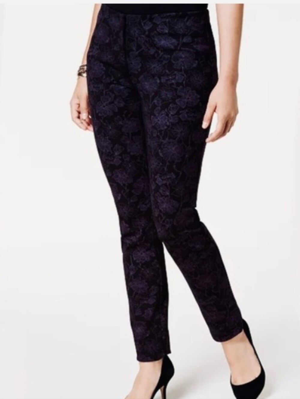 ALFANI Velvet Floral Flocked Dress Pants 10 Black Zip Button Skinny Stretch